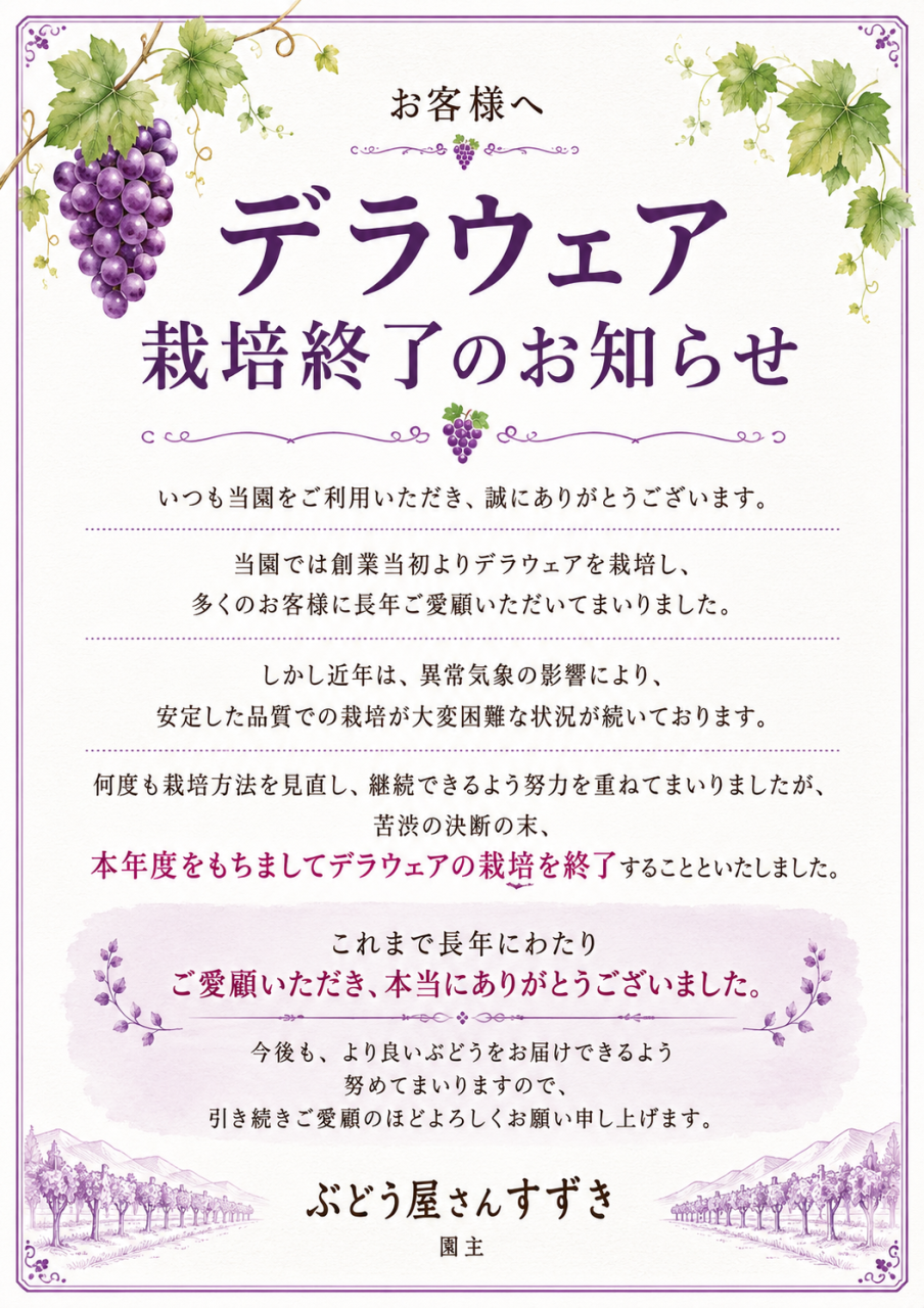 お客様へデラウェア栽培終了のお知らせ